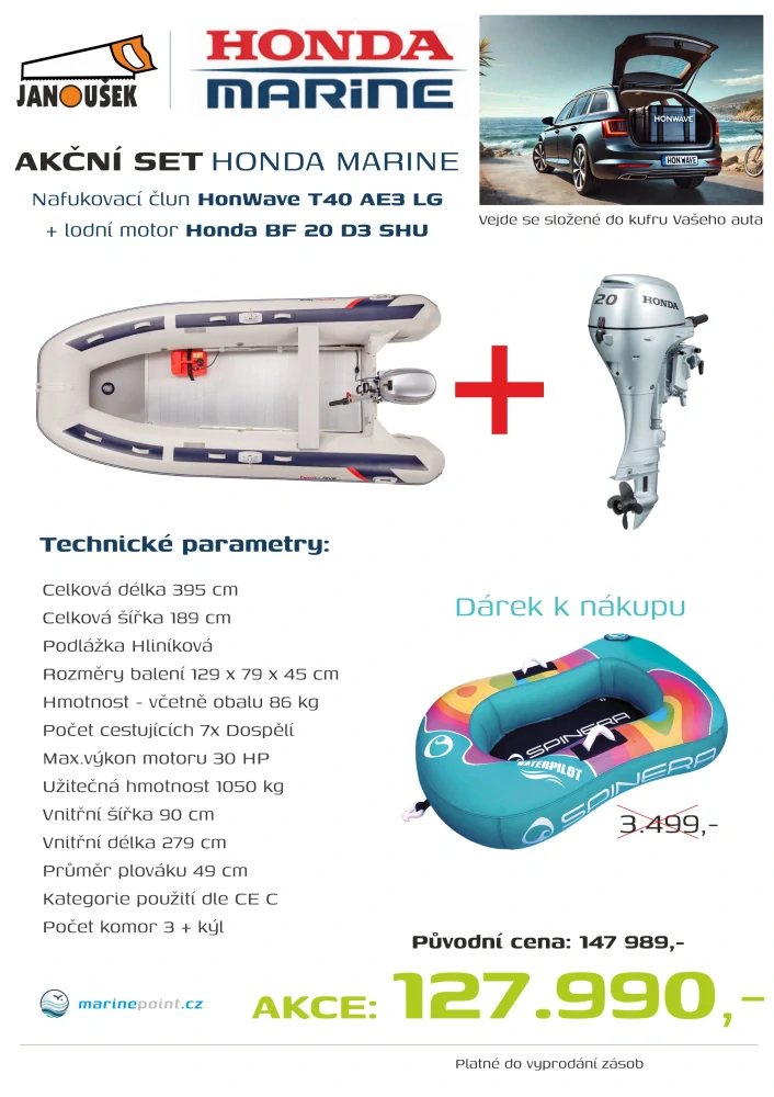 Honda Marine HonWave T 40 AE3 LG Nafukovací člun + lodní motor BF 20 D3 SHU AKCE