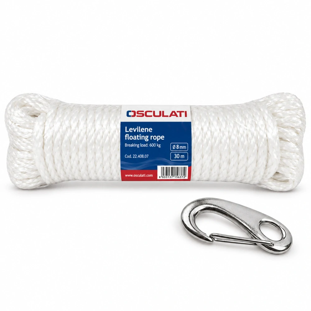 Plovoucí lano k záchrannému kruhu 8 mm x 30 m bílé s nerezovou karabinou Osculati 22.408.06