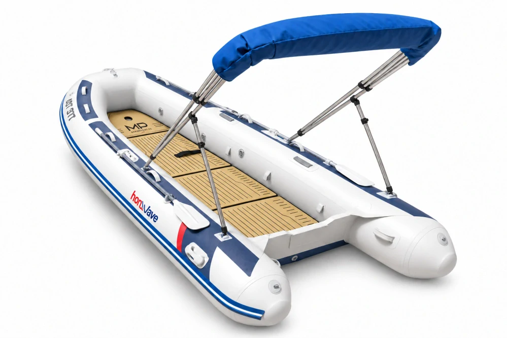 Honda HonWave T40 AE3 LG + motor Honda BF20 D3 SHU – EVA podlaha Camel / Black – modrá stříška bimini
