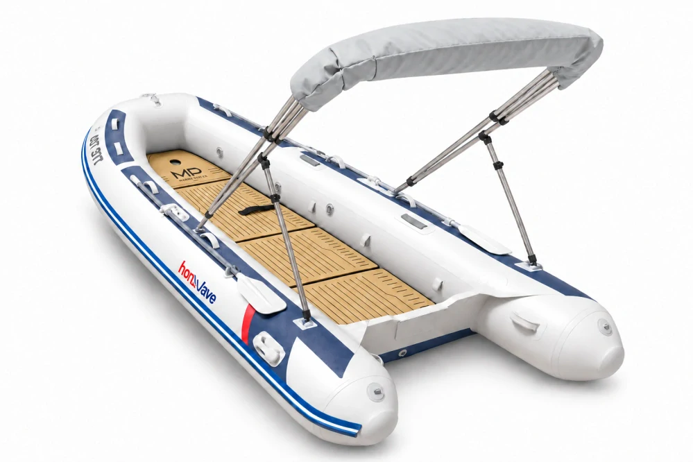 Honda HonWave T40 AE3 LG + motor Honda BF20 D3 SHU – EVA podlaha Camel / Black – šedá stříška bimini