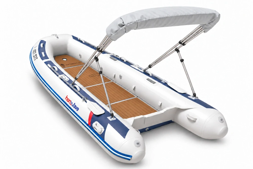 Honda HonWave T40 AE3 LG + motor Honda BF20 D3 SHU – EVA podlaha Light Brown / Black – šedá stříška bimini