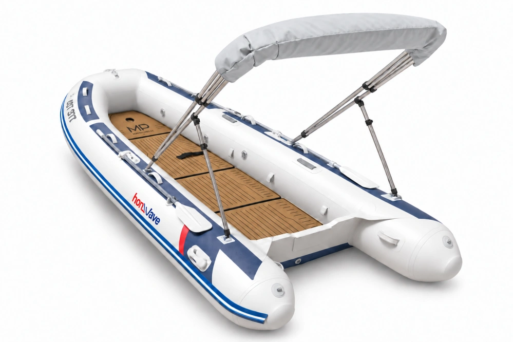 Honda HonWave T40 AE3 LG + motor Honda BF20 D3 SHU – EVA podlaha Light Brown / Black – šedá stříška bimini