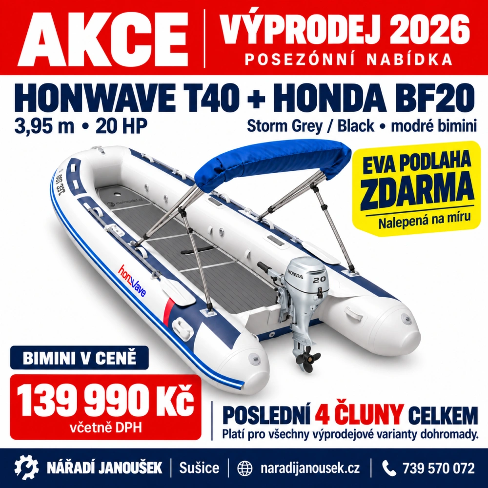 Honda HonWave T40 AE3 LG + motor Honda BF20 D3 SHU – EVA podlaha Storm Grey / Black – modrá stříška bimini 2026
