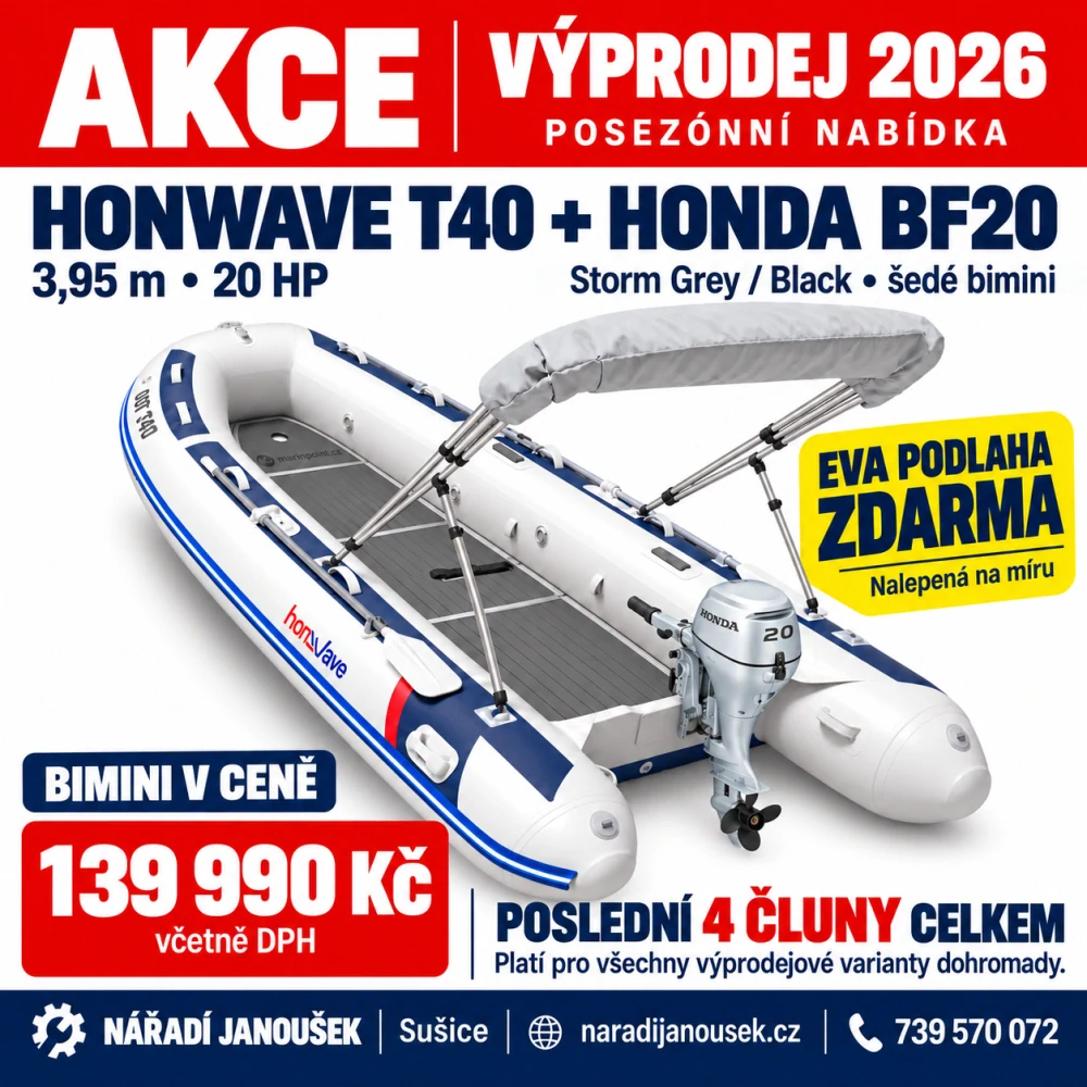 Honda HonWave T40 AE3 LG + motor Honda BF20 D3 SHU – EVA podlaha Storm Grey / Black – šedá stříška bimini 2026