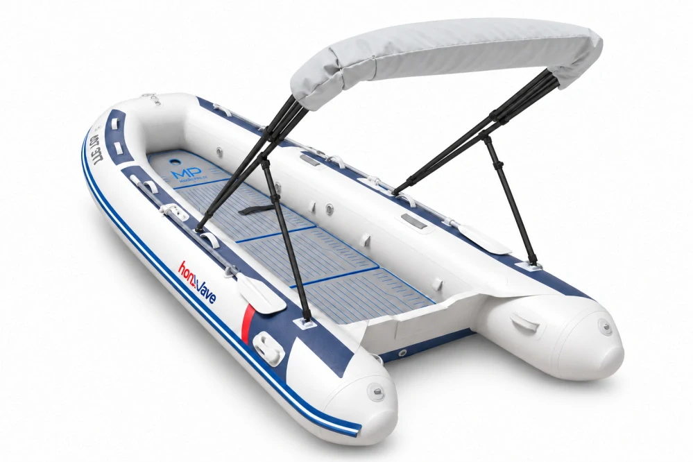 Honda HonWave T40 AE3 LG + motor Honda BF20 D3 SHU – EVA podlaha Storm Grey / Dark Blue – šedočerná stříška bimini