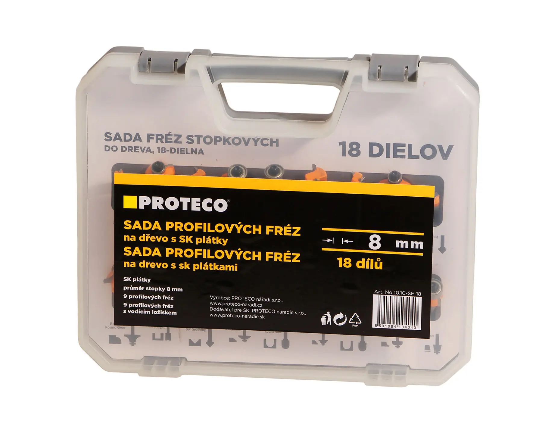 Sada fréz na dřevo 18-dílná se stopkou 8 mm PROTECO 10.10-SF-18