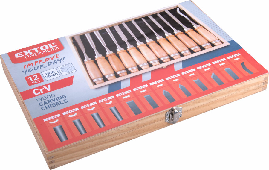 Dláta řezbářská, sada 12ks, délka 200mm EXTOL PREMIUM 8812405