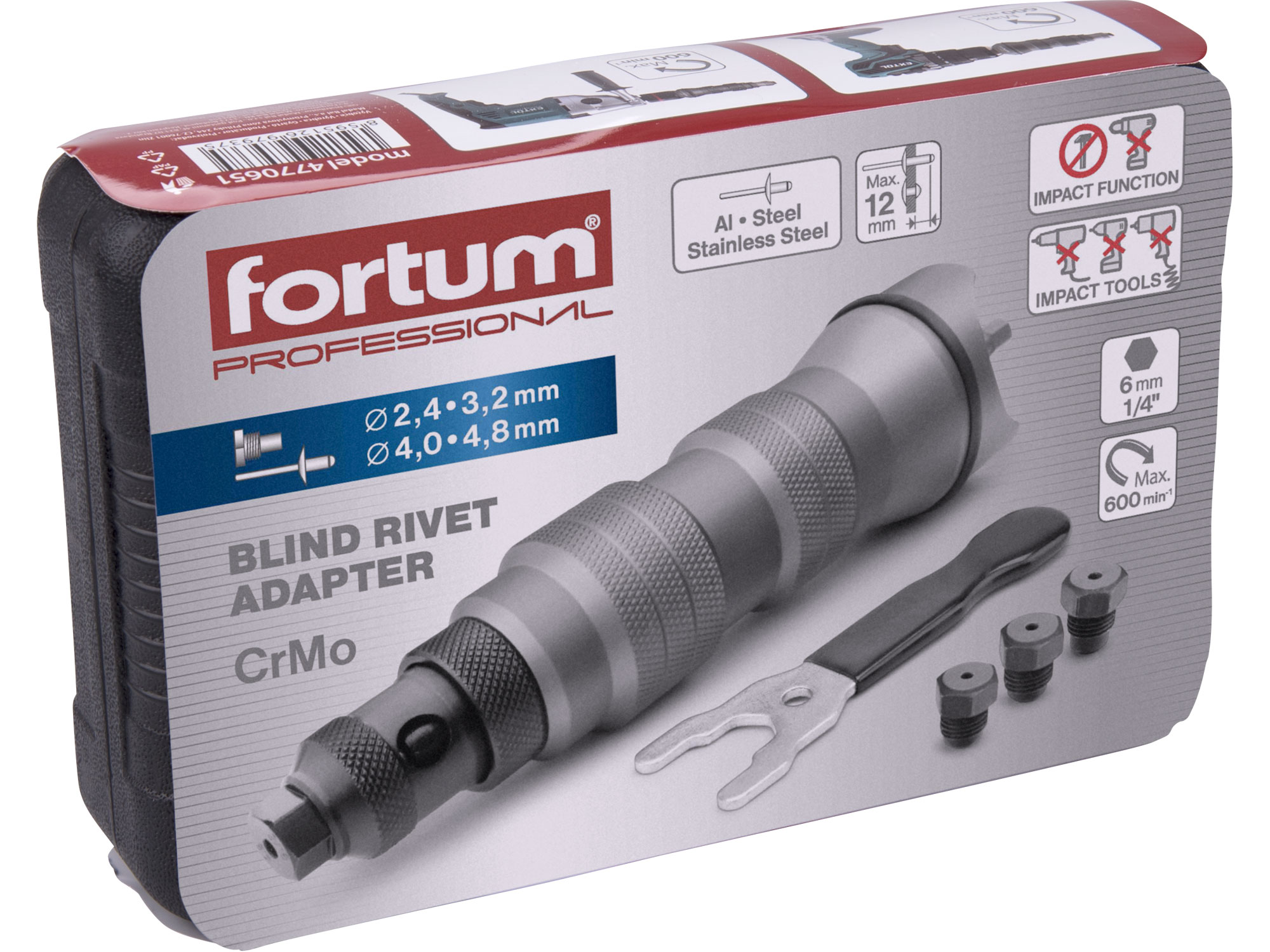 Nástavec nýtovací na vrtačku pro trhací nýty 2,4-4,8mm CrMoV FORTUM 4770651