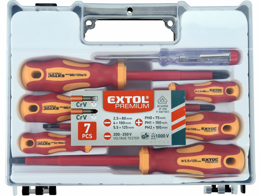 Šroubováky elektrikářské se zkoušečkou, sada 7ks, 3x(-), 3x(PH), CrV EXTOL PREMIUM 53087