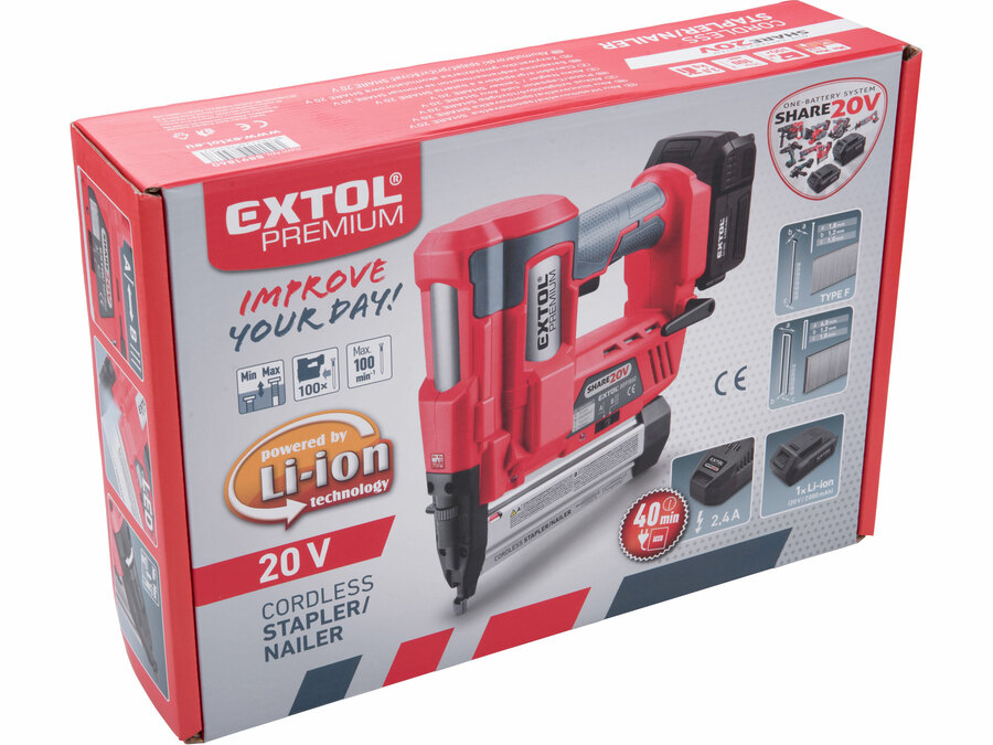 Hřebíkovačka/sponkovačka aku SHARE20V 20V Li-ion 2000mAh EXTOL PREMIUM
