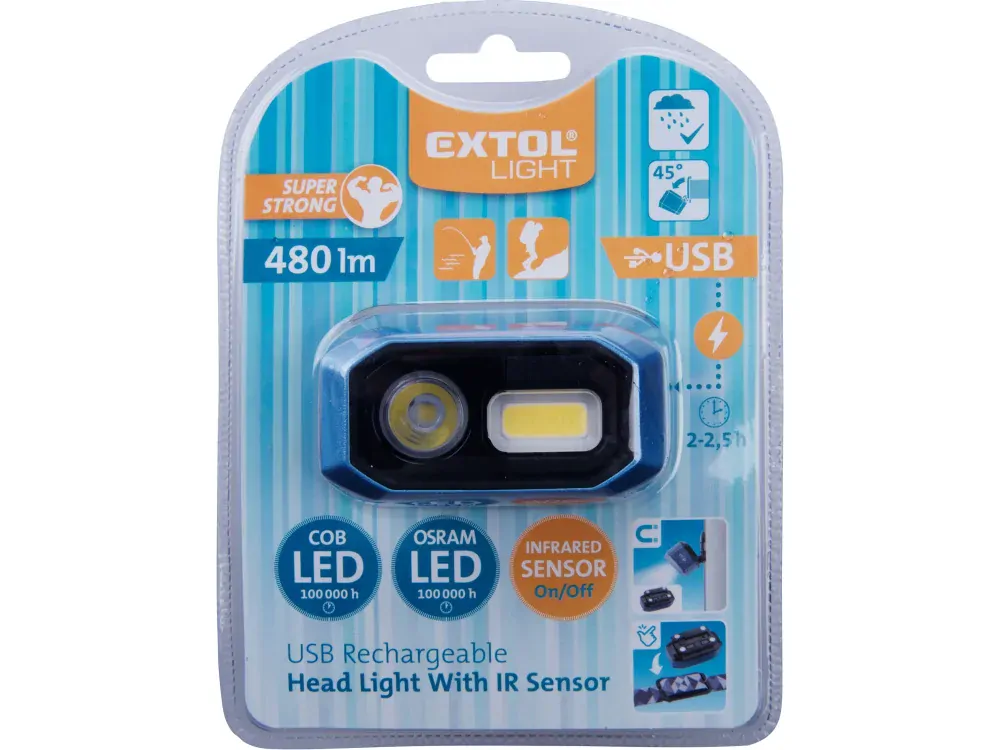 Čelovka 480lm USB nabíjení IR čidlo OSRAM LED+COB LED EXTOL LIGHT 43183