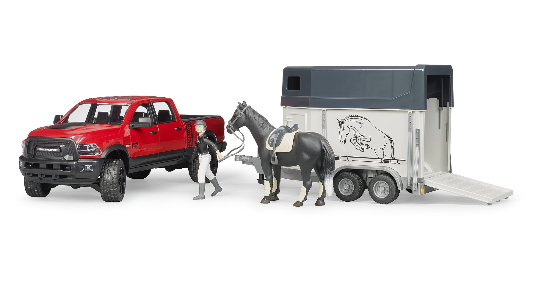 BRUDER 2501 Terénní auto RAM 2500 Power Wagon s přepravníkem na koně a koněm