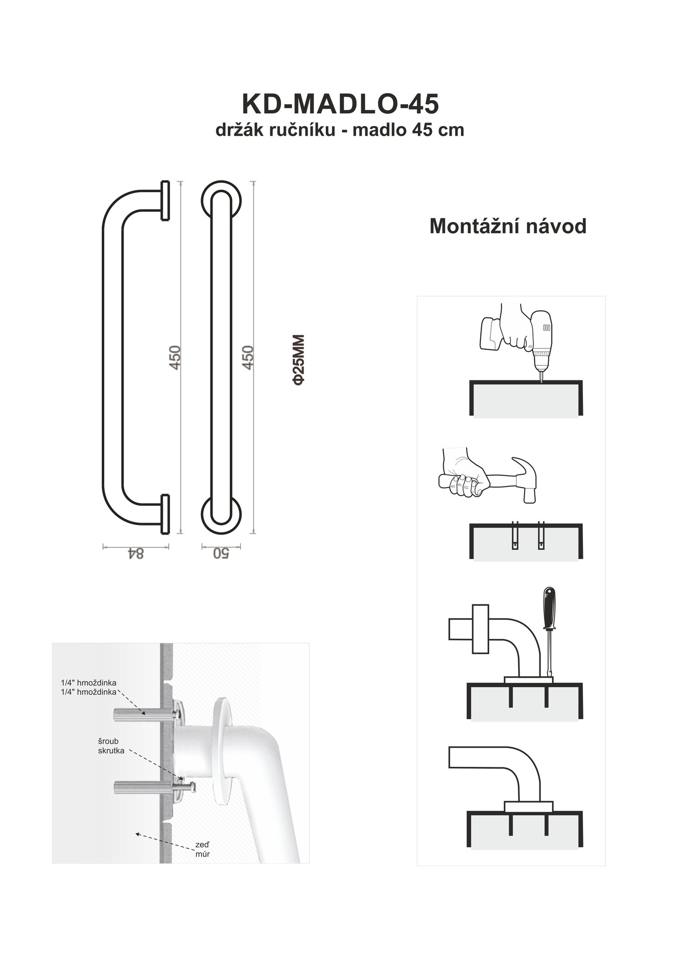 Držák na ručník - madlo 45cm AQUARISTO KD-MADLO-45