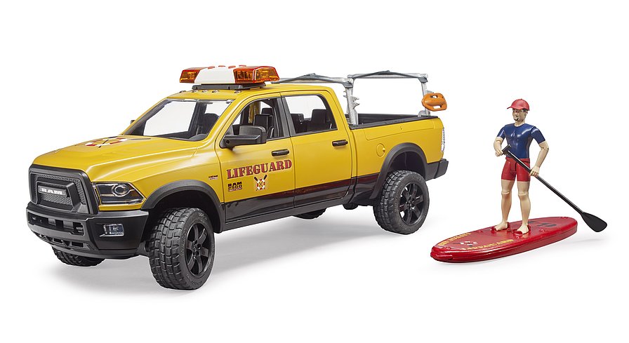 BRUDER 2506 Terénní auto RAM 2500 Power Wagon Pobřežní hlídka s plavčíkem, SUP a světelným a zvukovým modulem