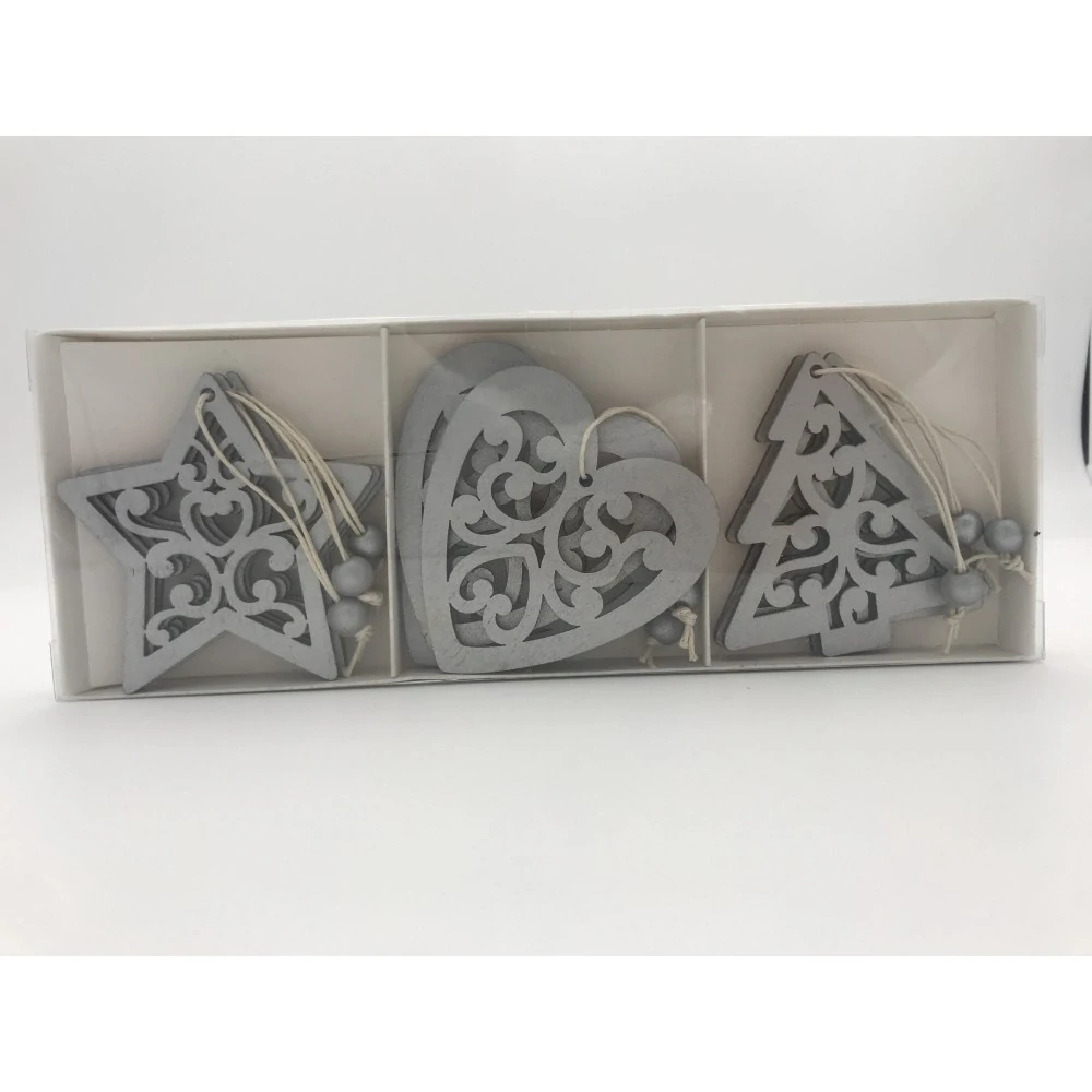 Závěs dřevo 9ks 73x78mm, mix, stříbrná