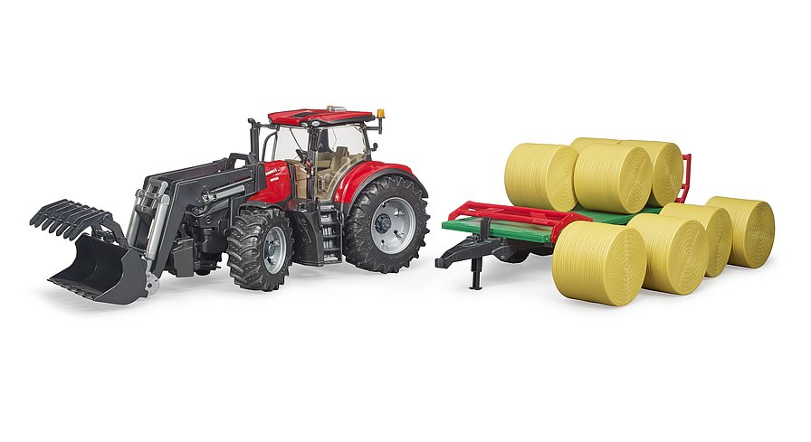 BRUDER 3198 CASE IH Optum 300CVX + přívěs na balíky – traktor s čelním nakladačem a vlečkou na přepravu balíků