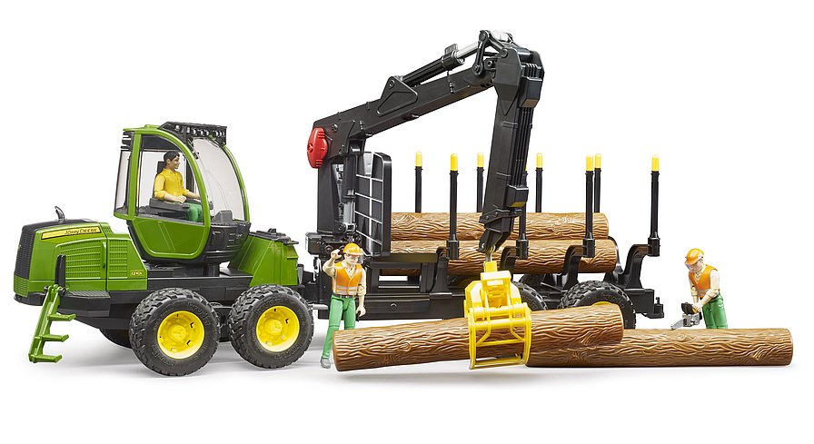 BRUDER 2133 Zelený traktor John Deere 1210E lesní traktor s kládami