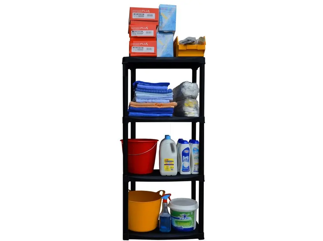 Regál plastový 600×300×1330 mm, 4 police, nosnost 4×20 kg – snadná montáž bez nářadí