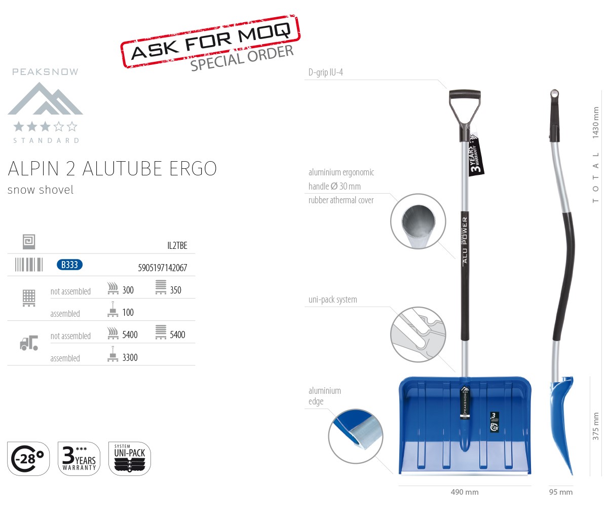 Hrablo na sníh ALPIN 2 ALUTUBE ERGO modrá Prosperplast IL2TBE-B333