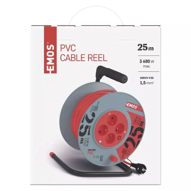 Kabel na bubnu prodlužovací 25 m, 4 zásuvky, červený PVC 230V EMOS 1908042501