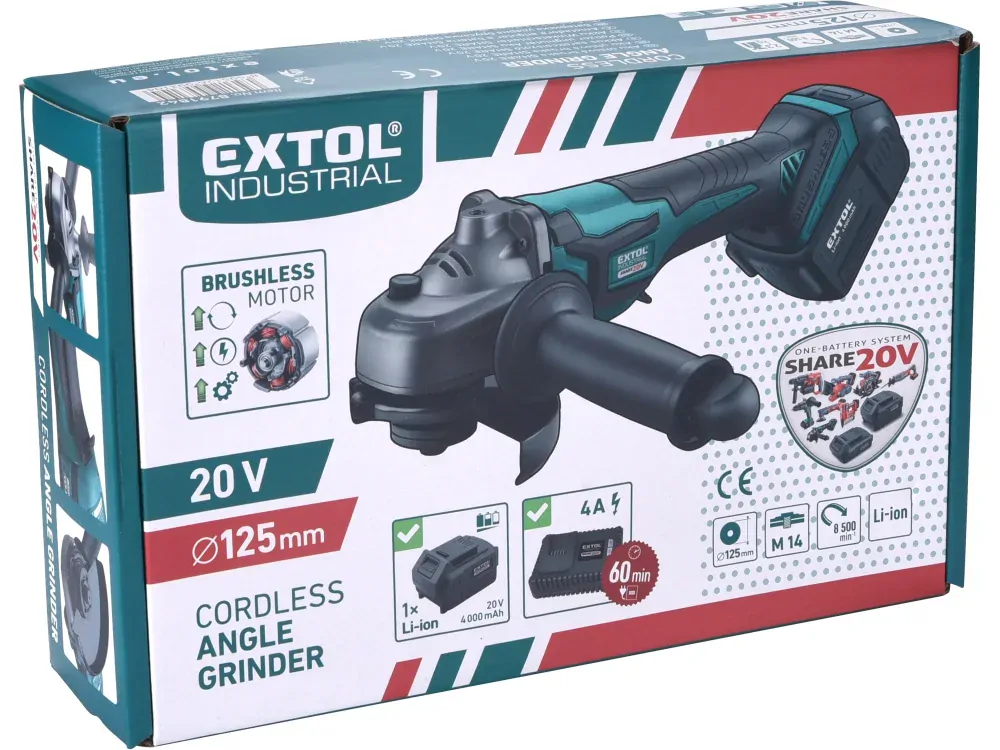 Bruska úhlová aku SHARE20V 125mm, BRUSHLESS 20V Li-ion 4000mAh EXTOL INDUSTRIAL 8791842