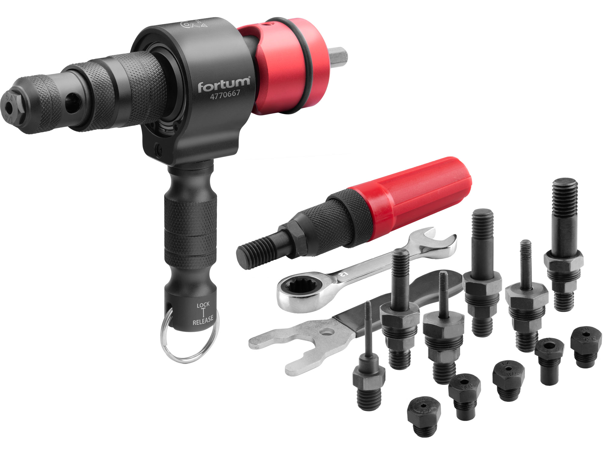 Nástavec nýtovací na vrtačku T-COMBO sada, matice M3-M12, trhací nýty 2,4-6,4mm, CrMoV