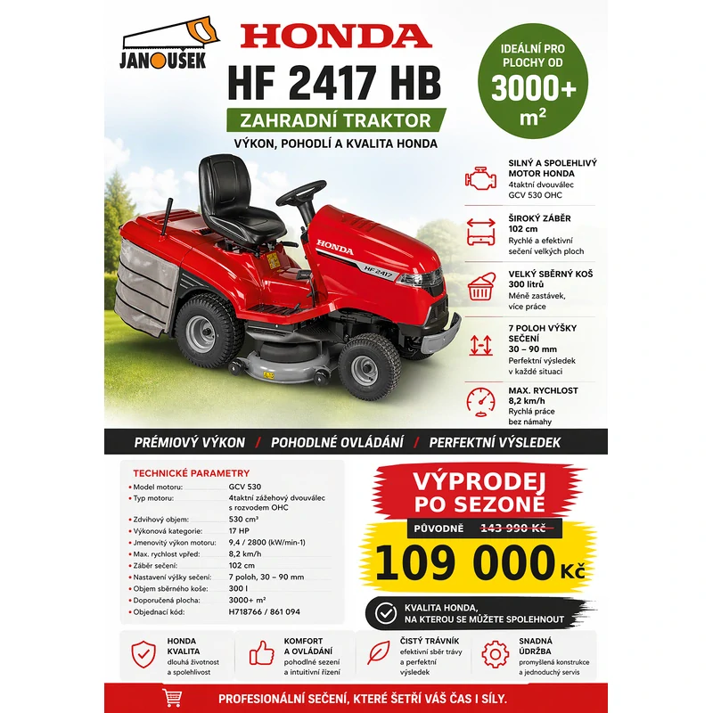 Zahradní traktor Honda HF 2417 HB, 102 cm, 300 l