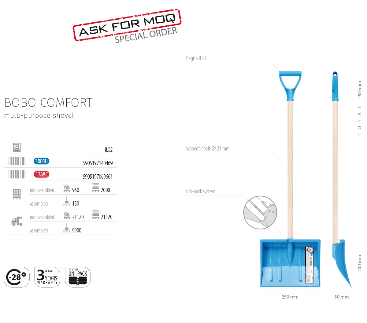 Dětské hrablo BOBO COMFORT světle modrá 250mm Prosperplast ILO2-3005U