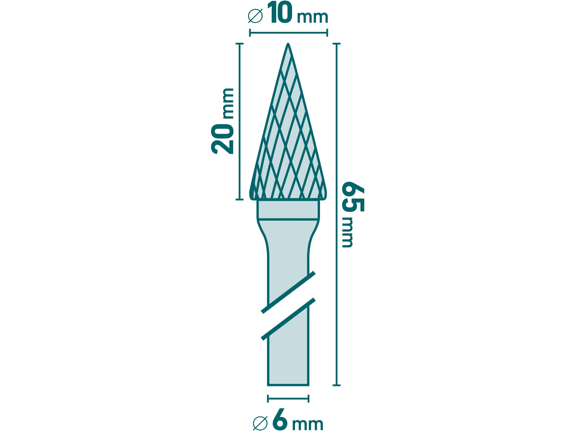 Fréza karbidová konická-jehlan, pr.10x20mm/stopka 6mm,sek střední (double-cut) EXTOL INDUSTRIAL 8703794