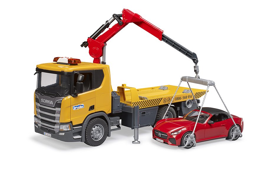 BRUDER 3552 Scania Super 560R – odtahový vůz s Roadsterem a světelným a zvukovým modulem