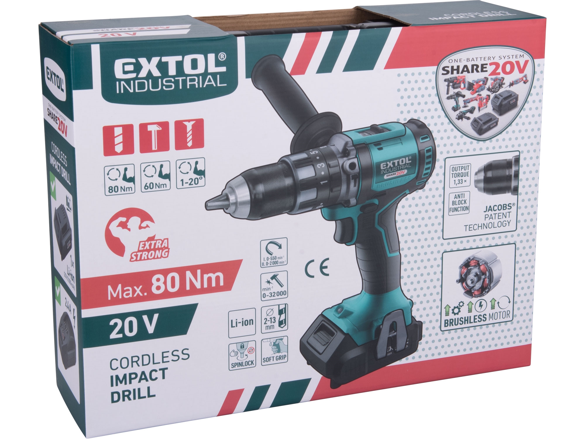Vrtací šroubovák aku s příklepem SHARE20V BRUSHLESS 20V Li-ion 2000mAh EXTOL INDUSTRIAL 8791802