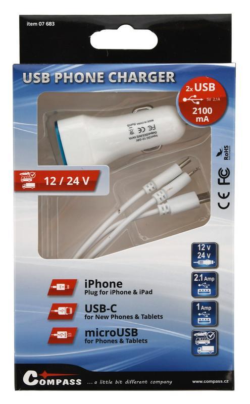 Nabíječka telefonu USB 3in1 (micro USB,iPhone,USB C) COMPASS 07683