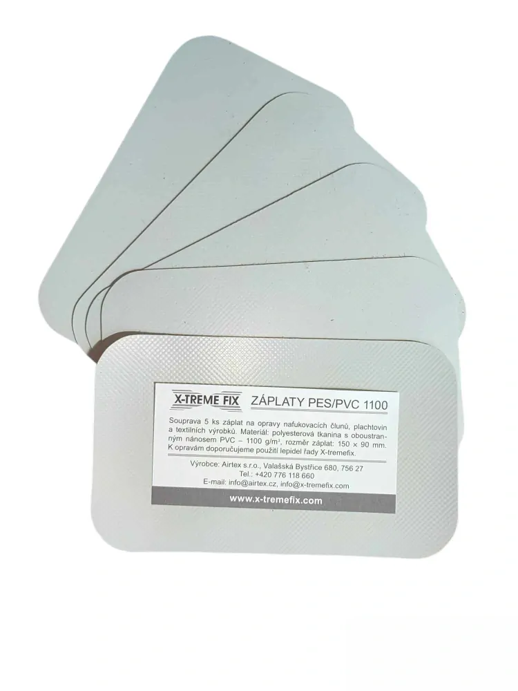 X-tremefix Záplaty PES/PVC 1100 - 5ks sv.šedé 150x90mm na opravy nafukovacích člunů, bazénů 1100 g/m3