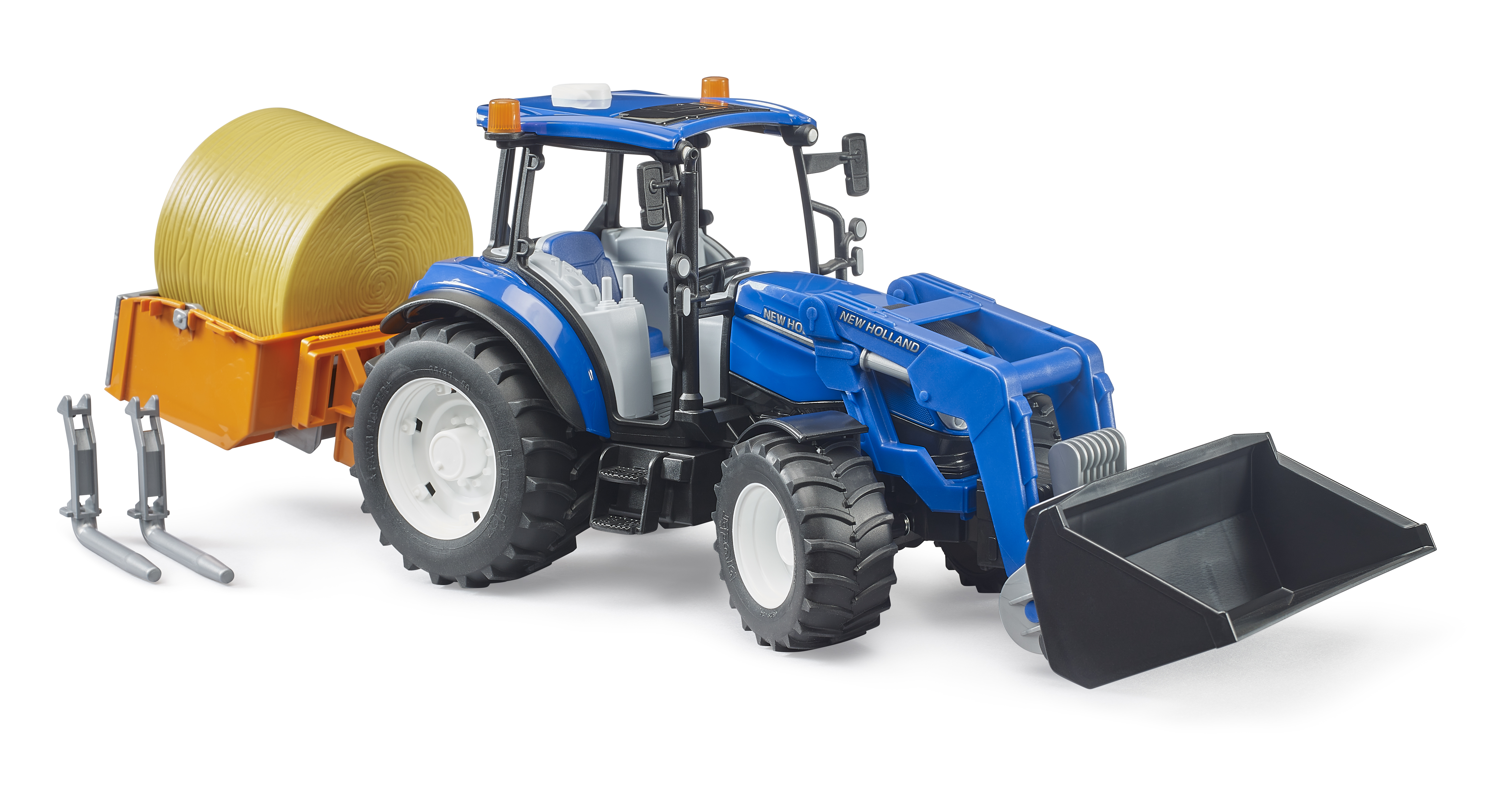 BRUDER 2187 Traktor New Holland T5.120 s čelním nakladačem, korbou, vidlemi a kulatým balíkem