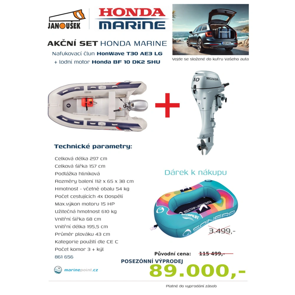 Honda Marine HonWave T 30 AE3 LG Nafukovací člun + lodní motor BF 10 DK2 SHU AKCE