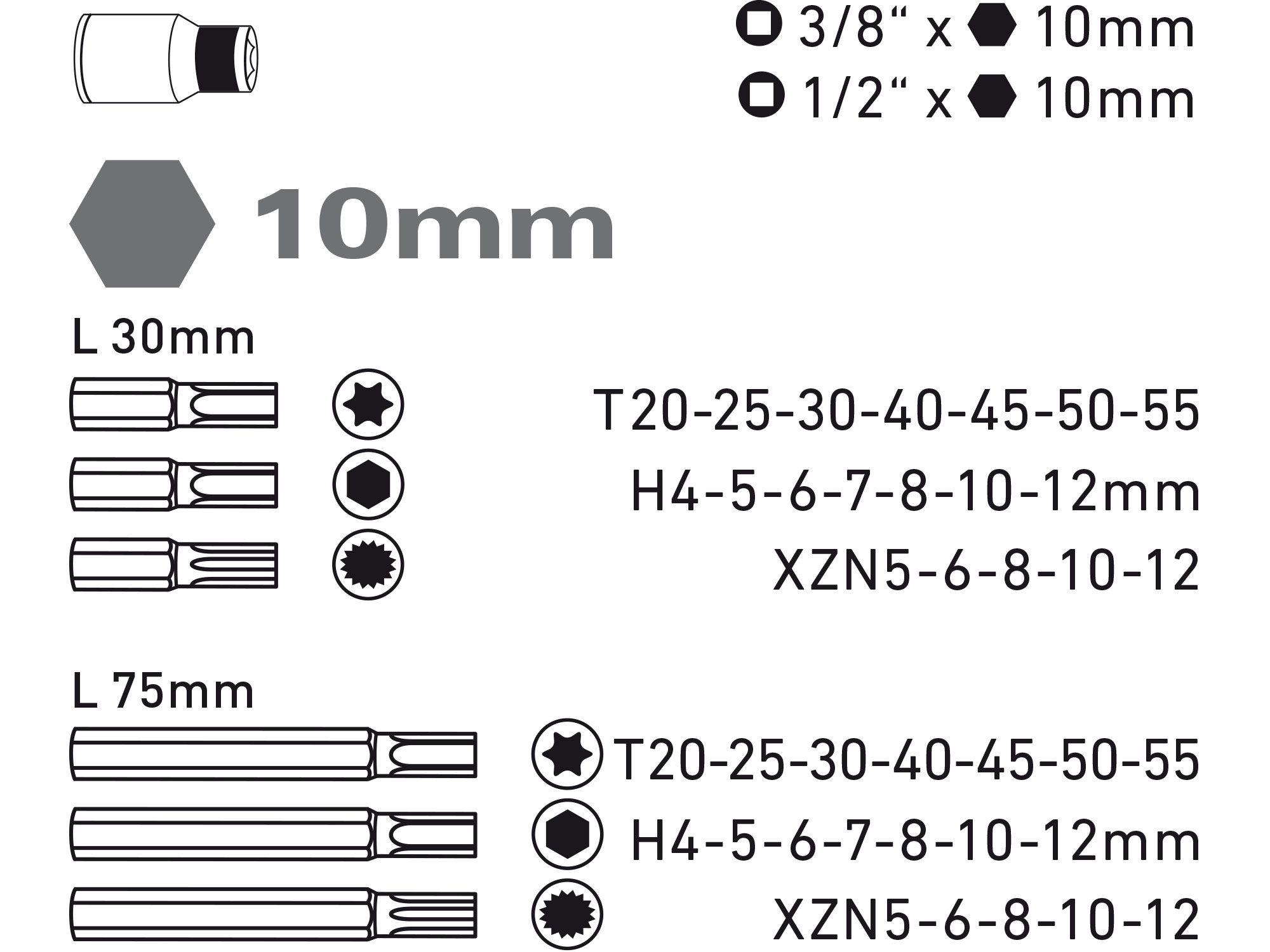 Hroty IMBUS-TORX-XZN sada PROFI 40ks pro ráčny 3/8", 1/2" CrV EXTOL PREMIUM 8818202