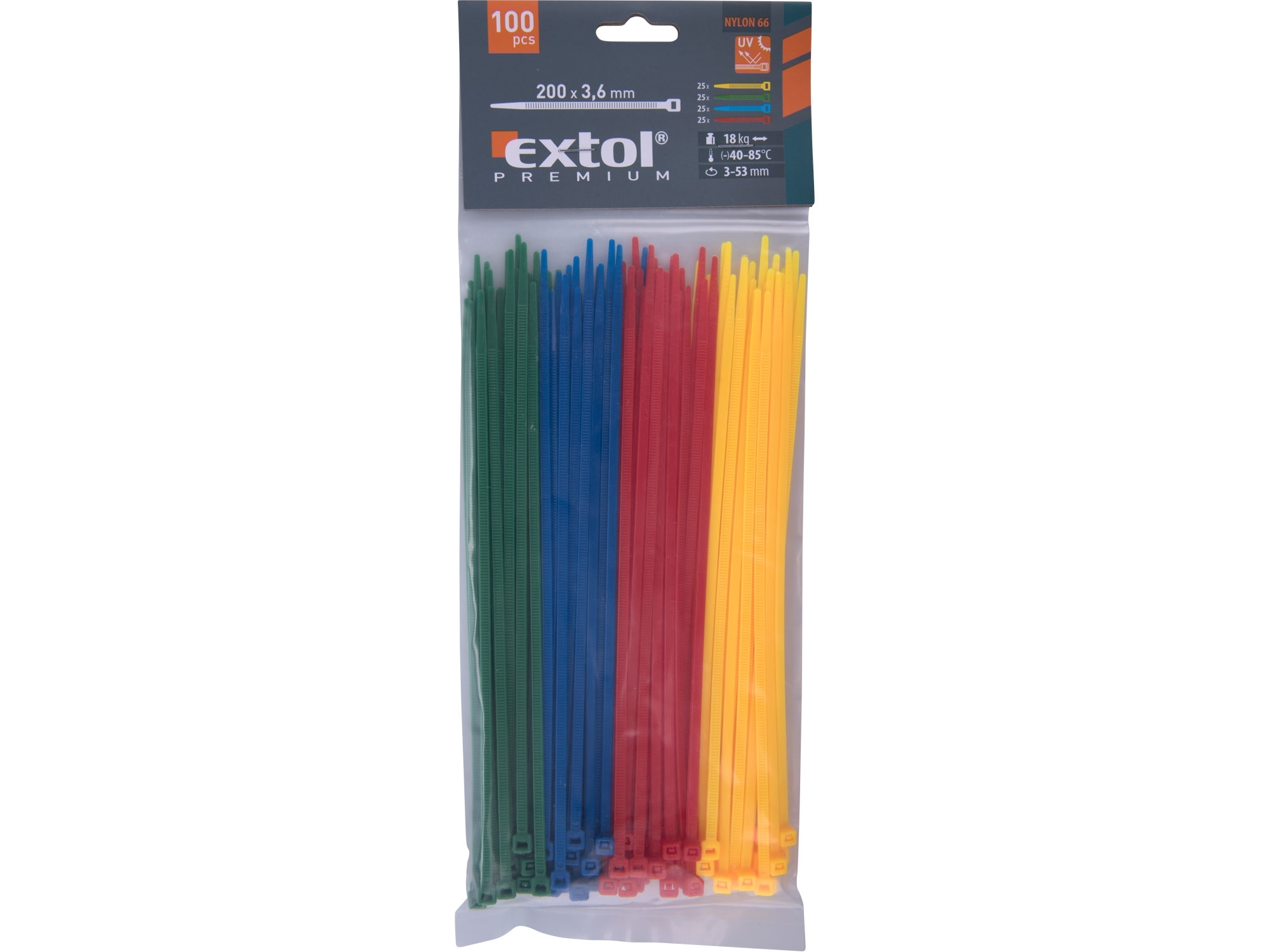 Pásky stahovací barevné, 200x3,6mm, 100ks, (4x25ks), 4 barvy, nylon PA66 EXTOL PREMIUM 8856196