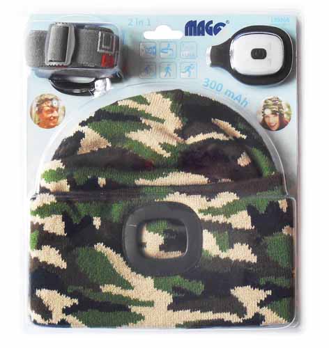 Čepice s čelovkou 4x53lm, USB nabíjení, maskovací, MAGG 120265