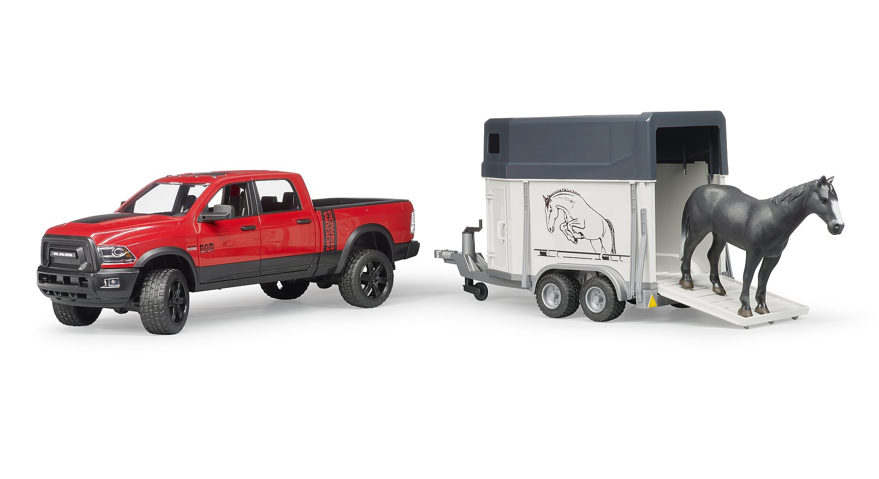 BRUDER 2501 Terénní auto RAM 2500 Power Wagon s přepravníkem na koně a koněm