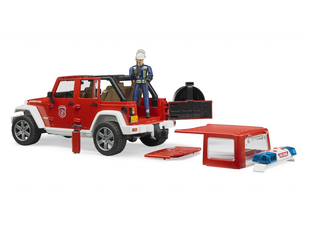 BRUDER 2528 Červený požární vůz Jeep Wrangler s figurkou hasiče BR 2528