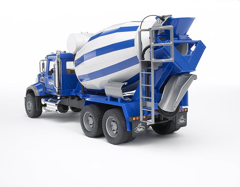 BRUDER 2814 MACK Granite – modro-bílý domíchávač betonu s otočným bubnem