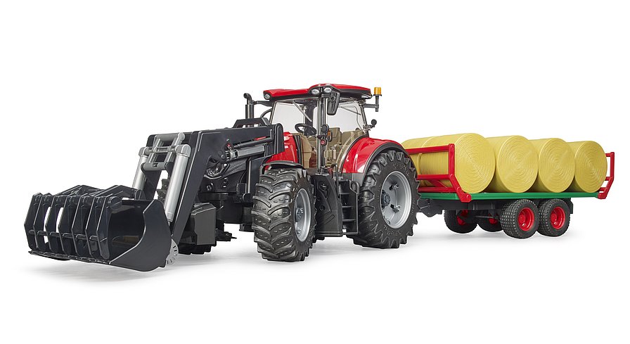 BRUDER 3198 CASE IH Optum 300CVX + přívěs na balíky – traktor s čelním nakladačem a vlečkou na přepravu balíků