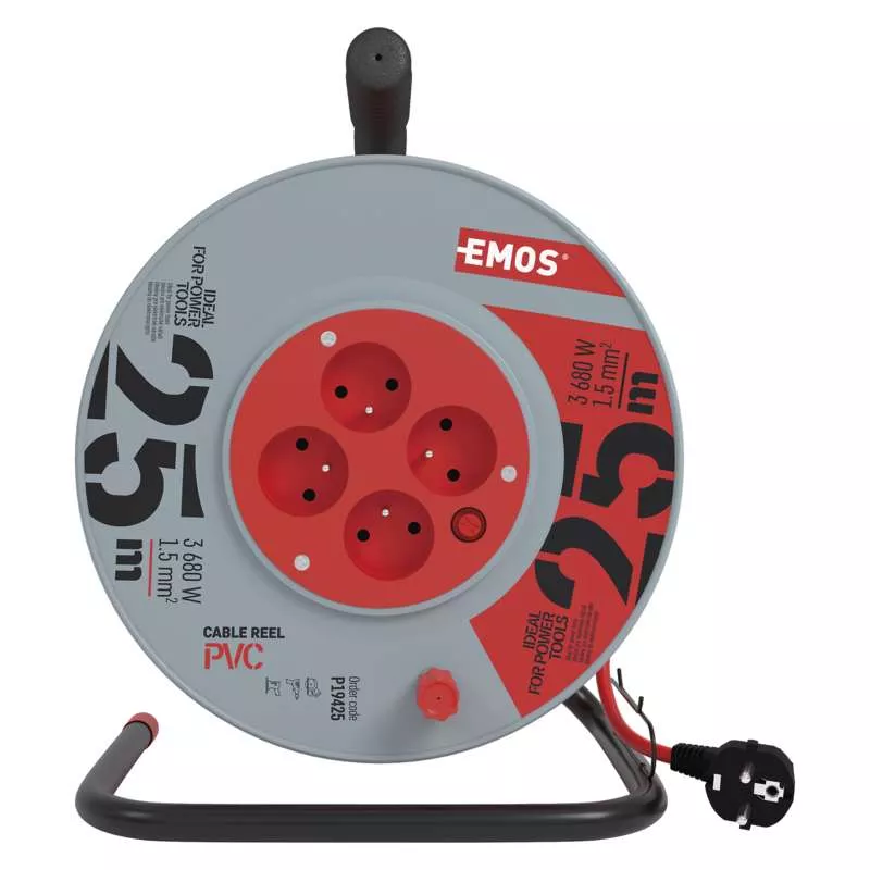 Kabel na bubnu prodlužovací 25 m, 4 zásuvky, červený PVC 230V EMOS 1908042501