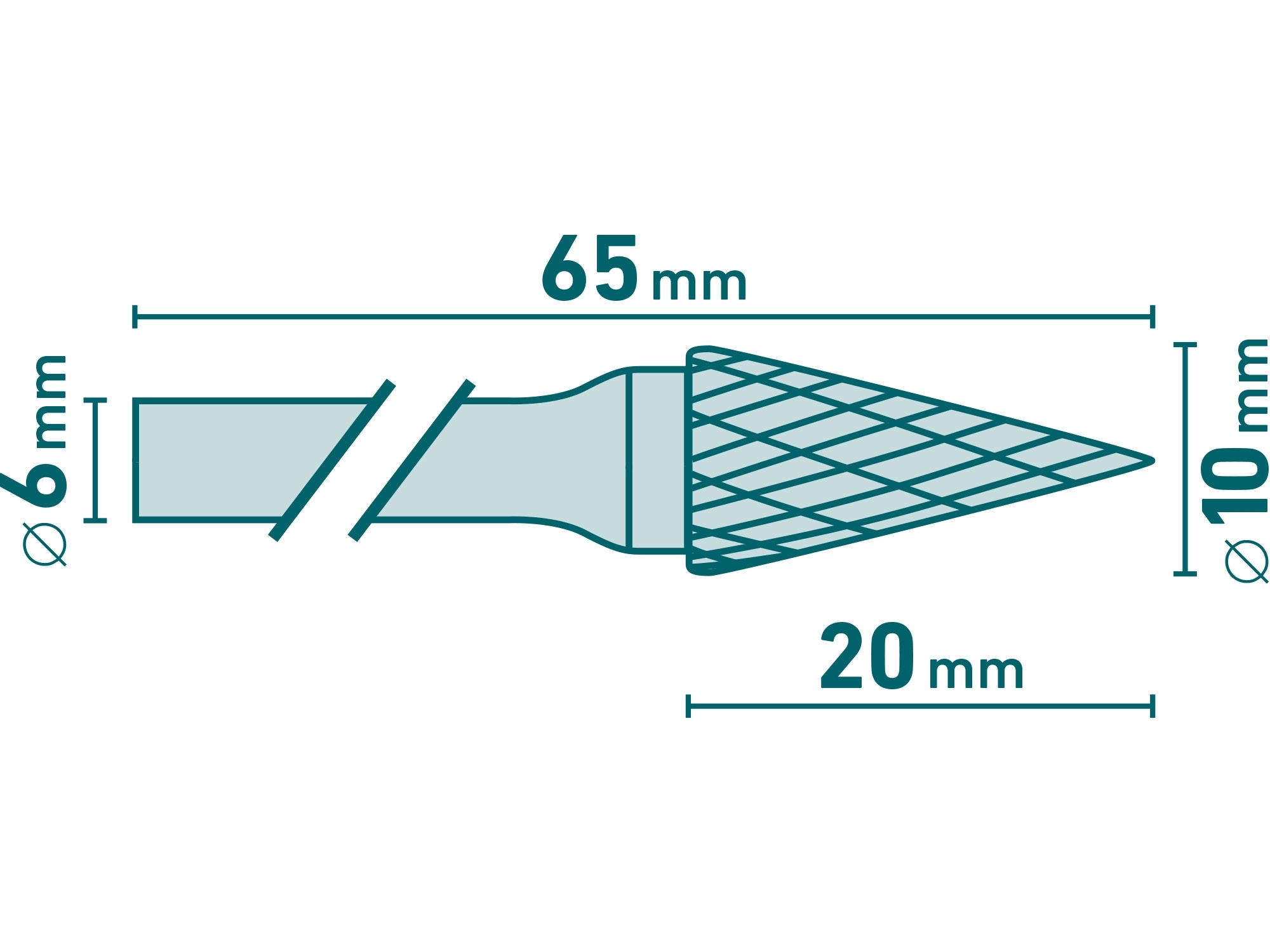 Fréza karbidová konická-jehlan, pr.10x20mm/stopka 6mm,sek střední (double-cut) EXTOL INDUSTRIAL 8703794