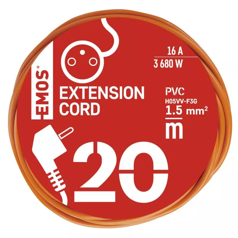 Kabel prodlužovací 20 m, 1 zásuvka, oranžový PVC 230V EMOS 1901012000