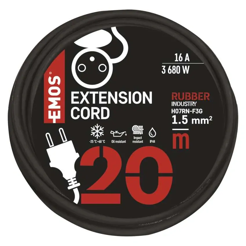 EMOS prodlužovací kabel 20m venkovní 1 zásuvka černý guma-neopren 230 V/1,5 mm2 P01720
