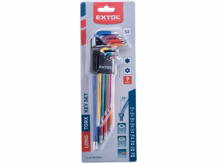 L-klíče TORX prodloužené sada 9ks s kuličkou T10-50, S2 EXTOL PREMIUM 8819416