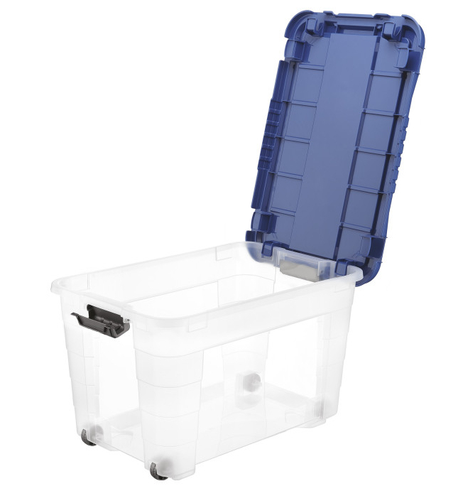 Úložný box 4UP s víkem a kolečky 60l transparent/modrá