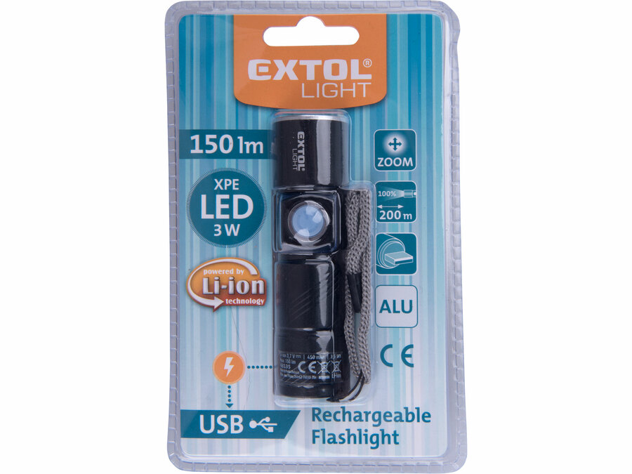 Svítilna 150lm zoom USB nabíjení XPE 3W LED EXTOL LIGHT 43135