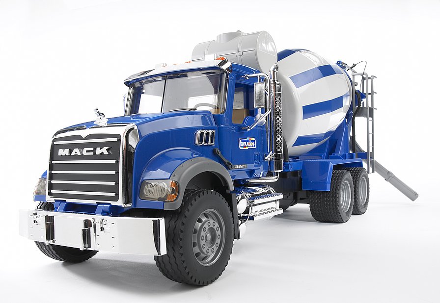 BRUDER 2814 MACK Granite – modro-bílý domíchávač betonu s otočným bubnem